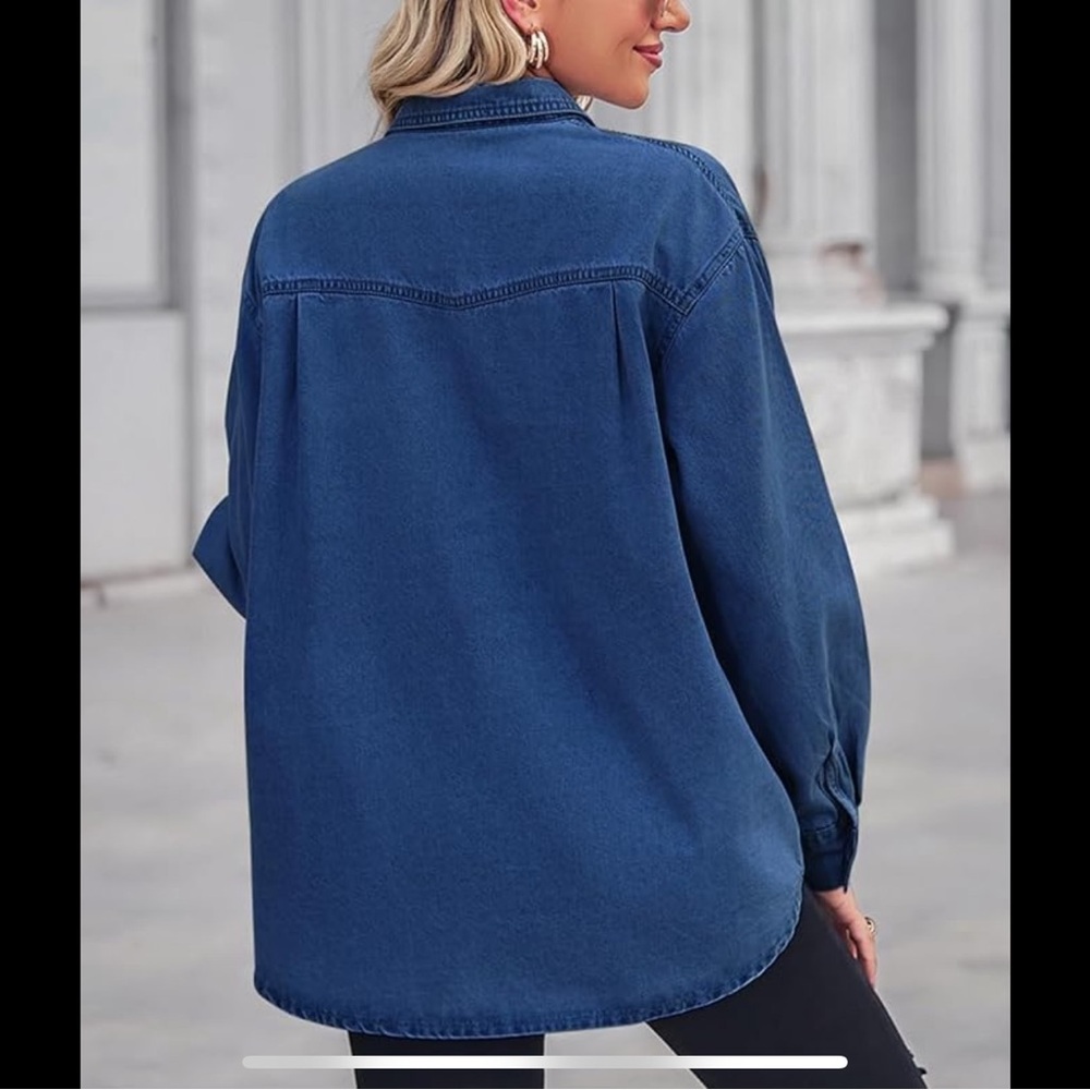 Chouyatou Button Down Denim Shirt Shirt Top Shacket XL Womens Blue Fall NWT - Picture 4 of 8